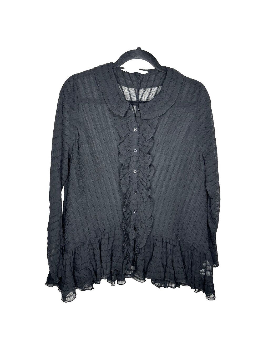 Zara Blouse Womens Small Long Sleeve Boho Top Shirt Black Sheer Ruffle Button Up